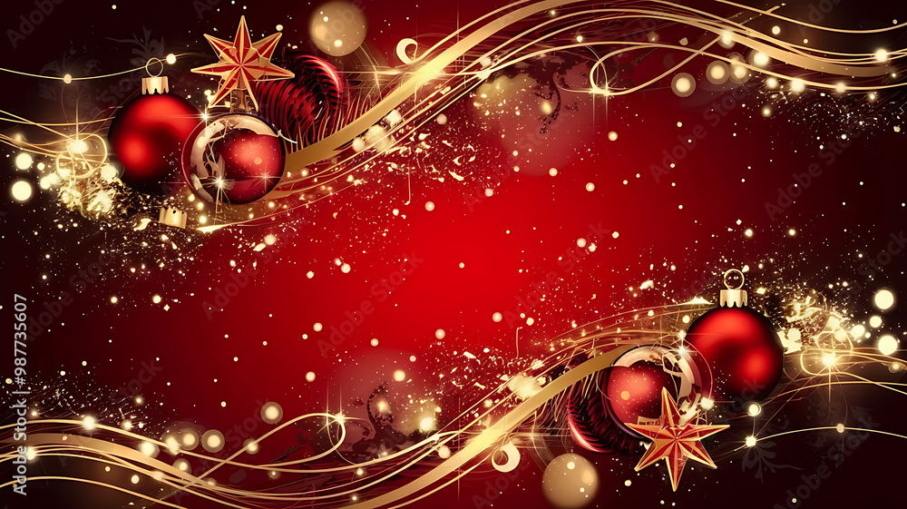 Red and gold Christmas ornaments on a red background with gold swirls and glitter.
Red and gold Christmas ornaments on a red background with gold swirls and glitter.