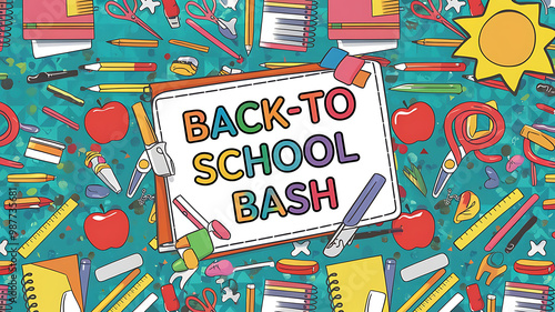 Colorful school supplies and red apples on a teal background,  a  