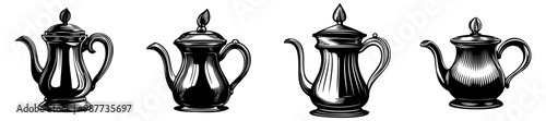 A decorative illustration featuring four distinct teapots, showcasing various styles and shapes in a classic design.