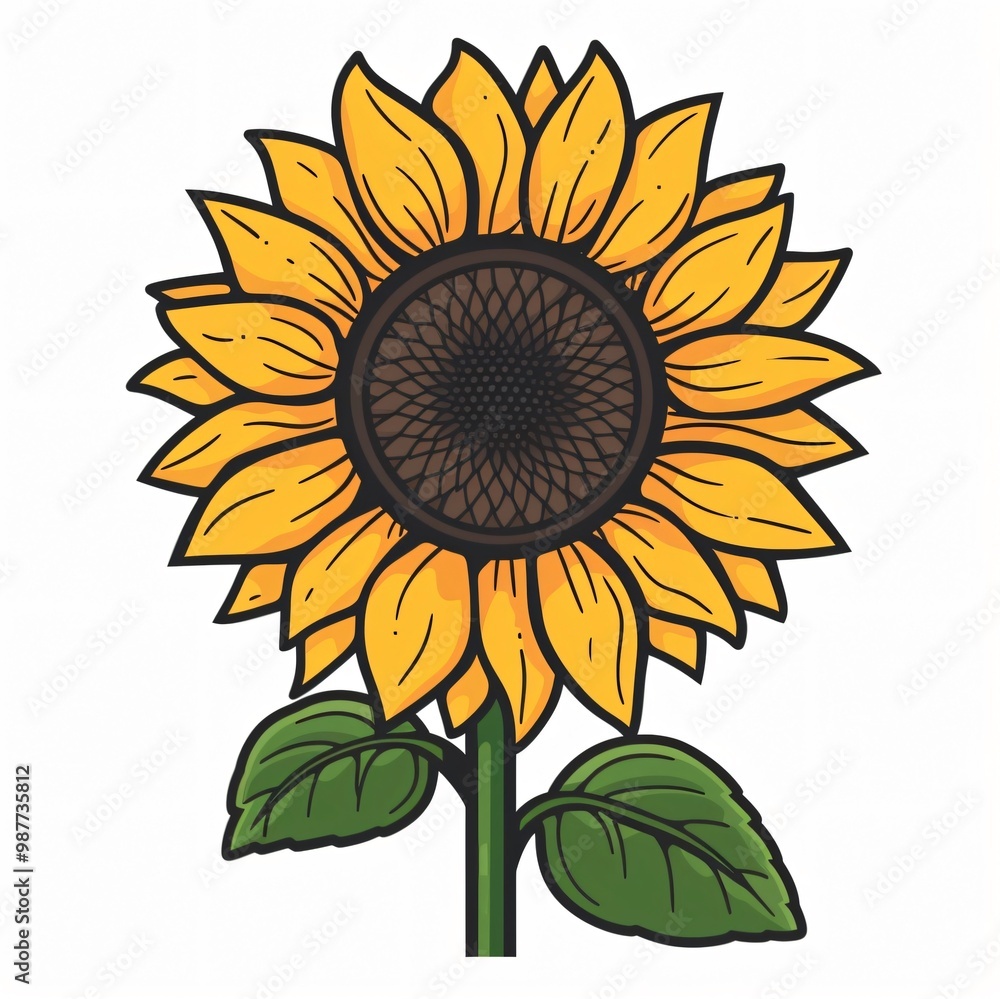 Fototapeta premium Cartoon illustration of a yellow sunflower with a brown center and two green leaves.