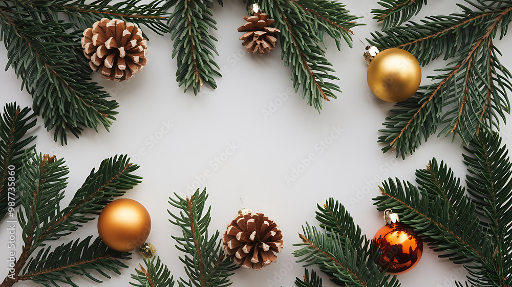 Green pine branches and gold ornaments create a festive Christmas background.
Green pine branches and gold ornaments create a festive Christmas background.