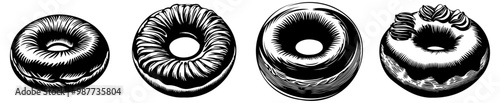 Vintage illustration of four distinct donut styles, showcasing variations in shape and texture.