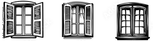 A set of three vintage-style windows, each with unique designs, showcasing open shutters and diverse shapes.