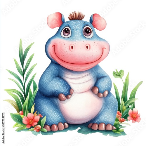 A cheerful blue cartoon hippo sits among green foliage and flowers, exuding a playful and friendly vibe.