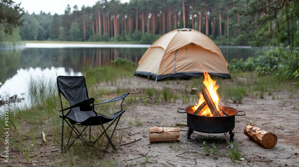 Tourists camping with a tent near a fire in the forest near the lake Tourists camping with a tent near a fire in the forest near the lake