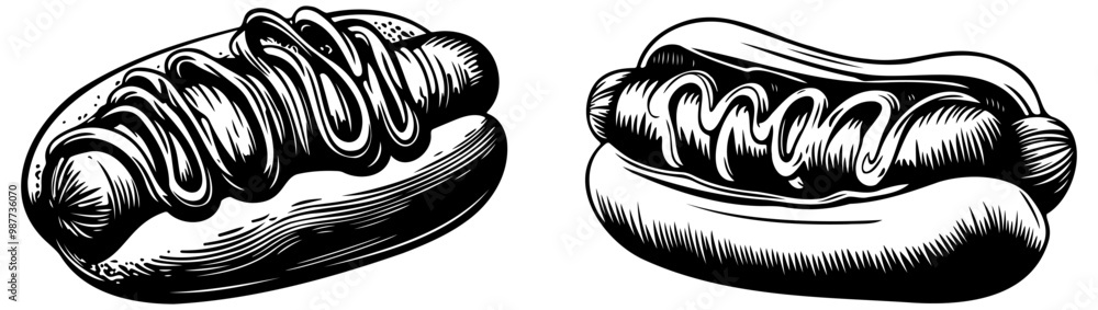 Obraz premium Two illustrated hot dogs, one on the left with curly toppings and one on the right featuring smooth toppings, both set against a simple white background.