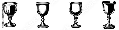 A series of four illustrated chalices, each featuring a distinct design, showcasing elegance and vintage style in monochrome.