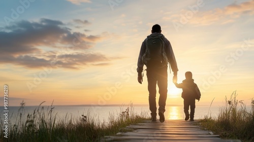 Father and Child Walking at Sunset on a Scenic Path