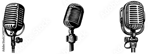 Three vintage microphones are featured, showcasing classic designs and details, ideal for music, broadcasting, and artistic themes.