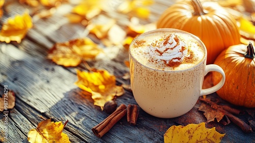 Pumpkin latte coffee with spices and cinnamon. Autumn hot drink on a rustic wooden table decorated with yellow leaves and pumpkin under the sun. Cosines, Halloween, warmth concept. Vertical  photo