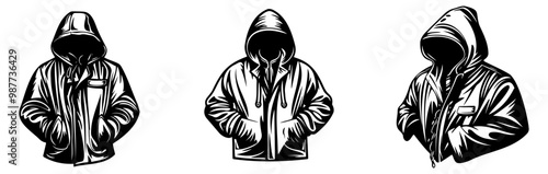 A trio of hooded figures in jackets, each with hands in pockets, conveying mystery and anonymity in their design.