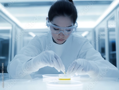 Female Scientist in Lab Coat Working With Petri Dish and Pipette photo