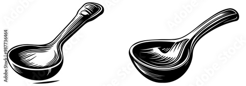 **Description:** Two artistic illustrations of ladles, showcasing different designs and details in a black and white style.