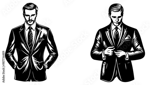 Two stylishly dressed men in suits; one exudes confidence with his hands in pockets, while the other adjusts his attire, highlighting sophistication.