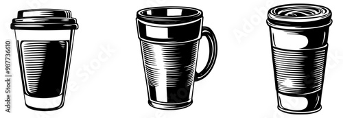 Three illustrated coffee cups showcasing different styles: a travel mug, a classic mug, and a frothy cup, emphasizing coffee culture and drinkware design.