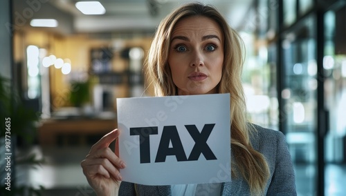 Woman holds sign with the word 'TAX'.