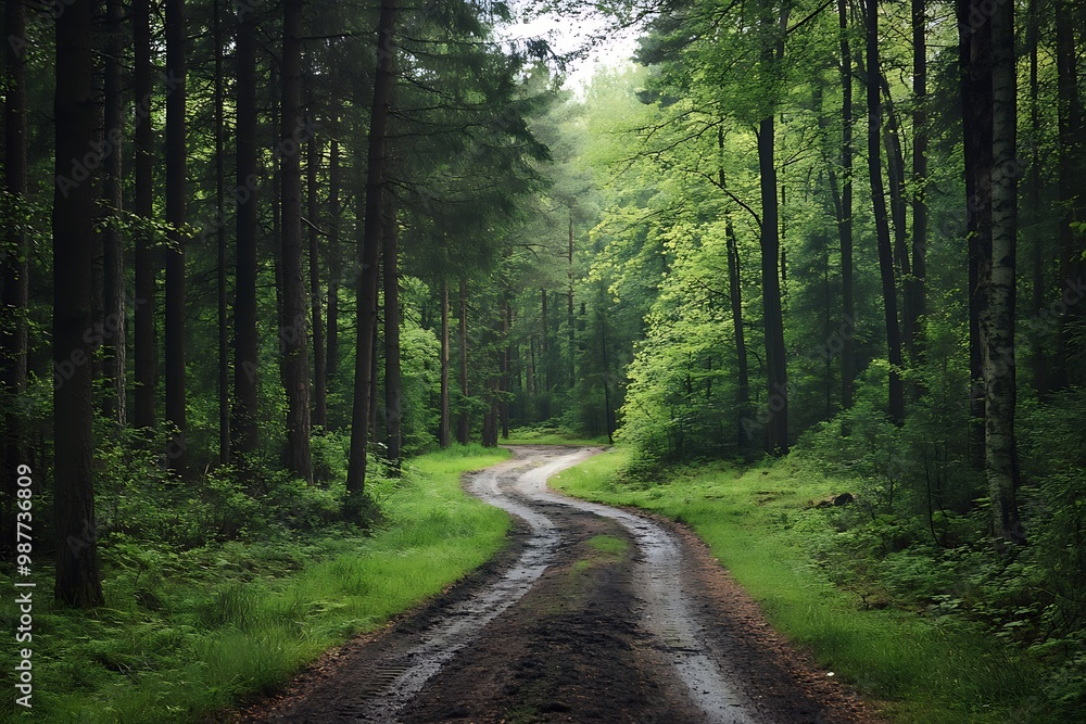 Fototapeta premium Winding dirt road through lush green forest trees, nature landscape