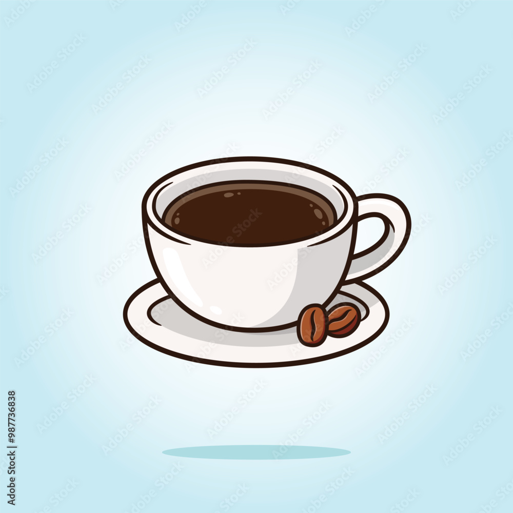 White cup of black coffee with coffee bean. vector cartoon illustration White cup of black coffee with coffee bean. vector cartoon illustration