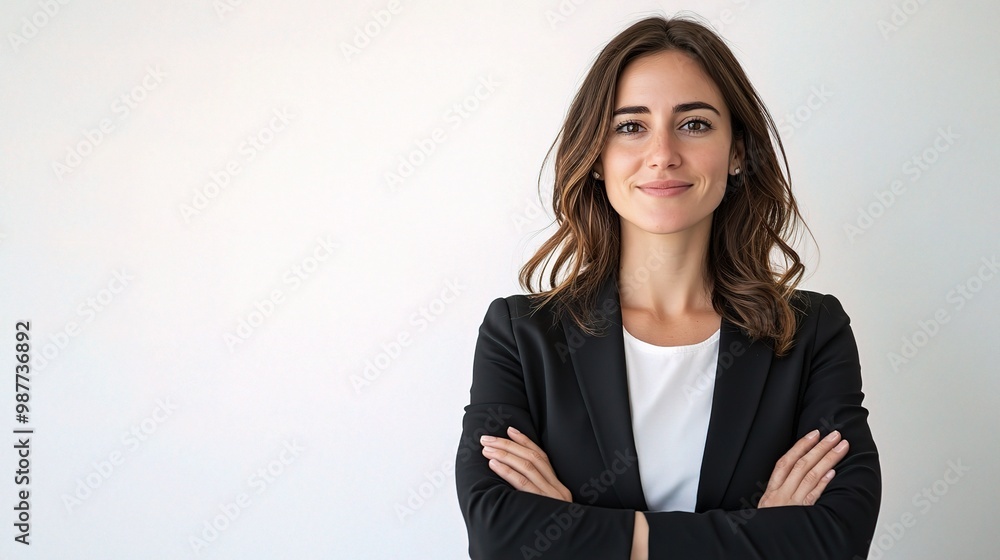 Confident and Composed: A young businesswoman exudes confidence and professionalism, arms crossed, with a subtle smile playing on her lips. Confident and Composed: A young businesswoman exudes confidence and professionalism, arms crossed, with a subtle smile playing on her lips.