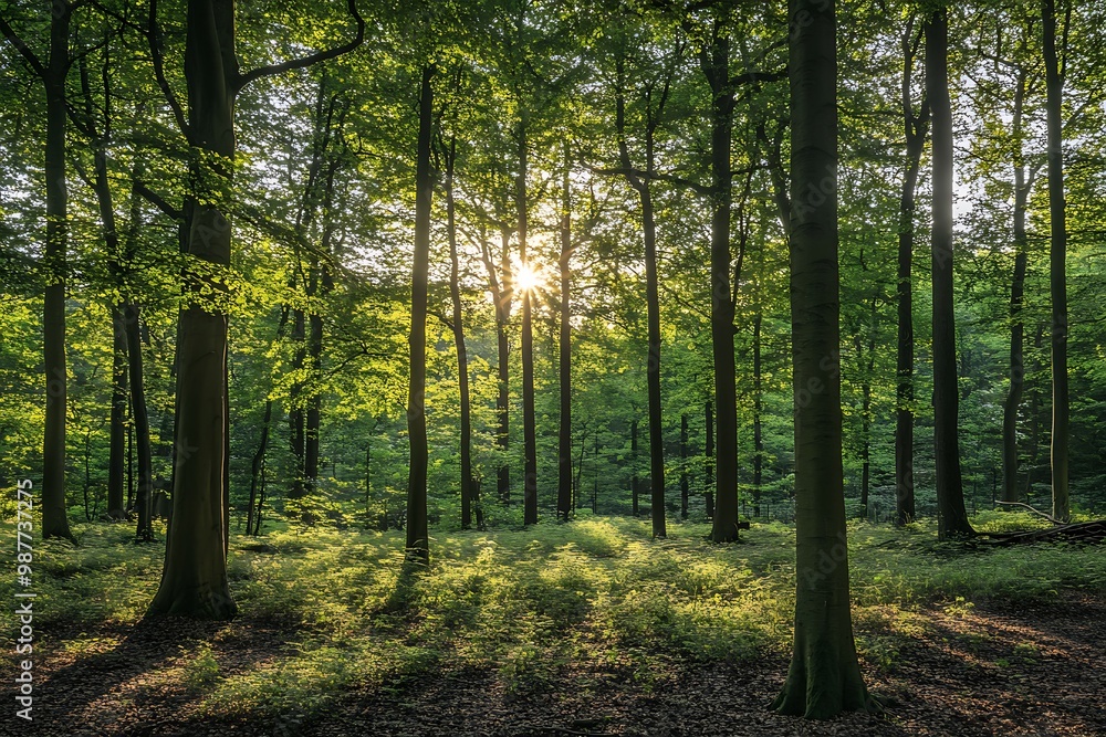 Fototapeta premium Sunlight breaking through trees in a green forest. Nature photography for wallpaper, background, and design