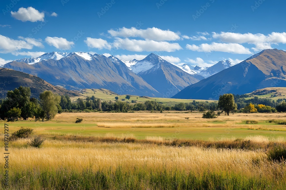 Beautiful mountain range with snowy peaks and a valley of golden grass. Sunny sky and clouds. Beautiful mountain range with snowy peaks and a valley of golden grass. Sunny sky and clouds.