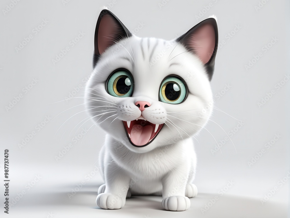 A cute, cartoon-style white cat with big eyes, smiling joyfully at the viewer. A cute, cartoon-style white cat with big eyes, smiling joyfully at the viewer.