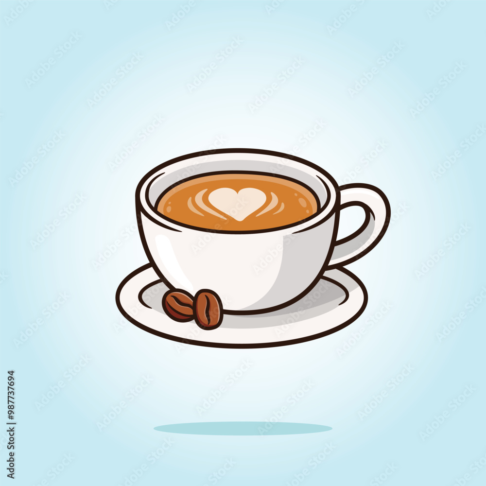 White cup of coffee cappuccino latte with heart shape foam and coffee bean. vector cartoon illustration White cup of coffee cappuccino latte with heart shape foam and coffee bean. vector cartoon illustration