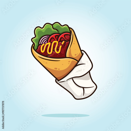 Doner kebab, shawarma, or gyro wrap sandwich, vector fast food of turkish, arabic and greek cuisine. vector cartoon illustration