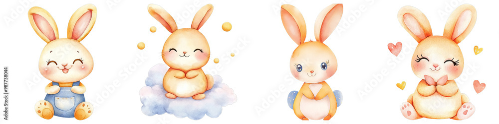 Cute cartoon bunnies in various adorable poses with soft pastel colors Cute cartoon bunnies in various adorable poses with soft pastel colors