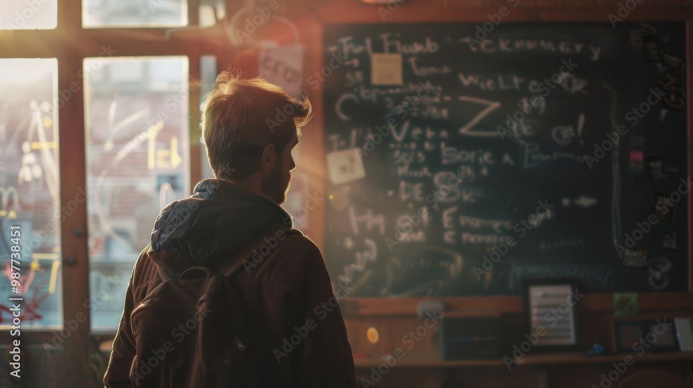A student looks at a chalkboard filled with math equations and notes, illuminated by warm sunlight in a quiet classroom. A student looks at a chalkboard filled with math equations and notes, illuminated by warm sunlight in a quiet classroom.
