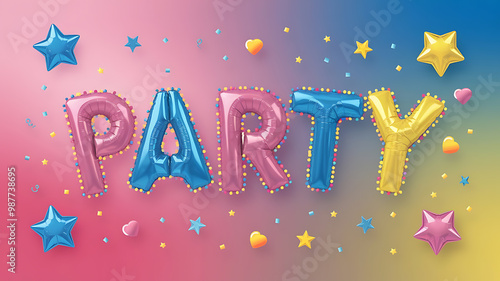 Colorful balloon letters spelling PARTY on a gradient background, perfect for birthday celebration and fun. 
