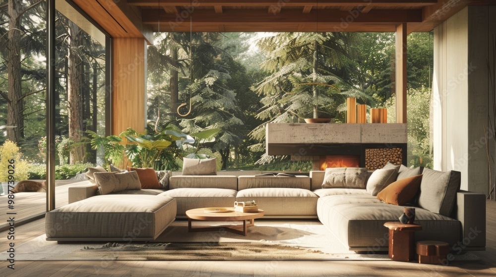 Cozy Modern Living Room Surrounded by Lush Green Trees and Nature Cozy Modern Living Room Surrounded by Lush Green Trees and Nature