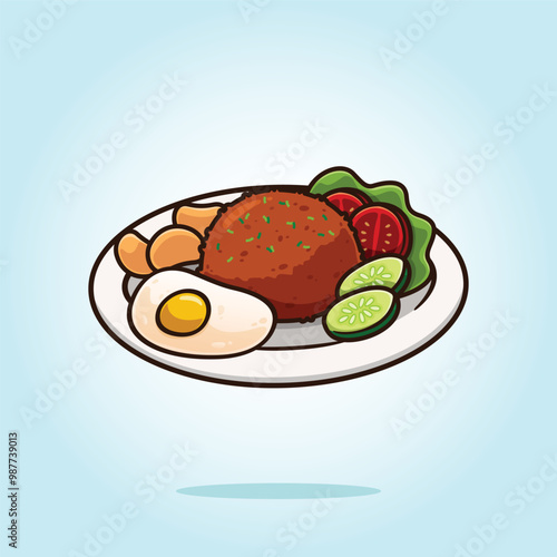 Indonesian fried rice with sunny side up topping or fried egg - nasi goreng. Asian food vector cartoon illustration