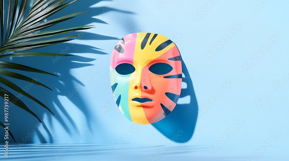 Colorful Carnival Mask with Palm Leaf Shadow on Blue Background Colorful Carnival Mask with Palm Leaf Shadow on Blue Background