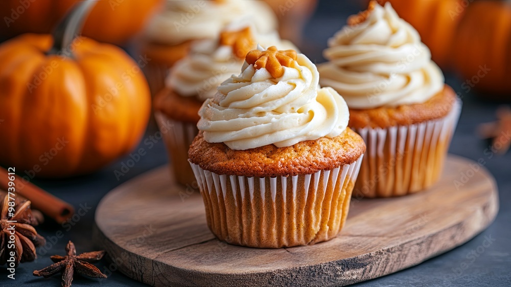 Autumn pumpkin cupcakes or baked muffins with fresh pumpkin for Thanksgiving day. Autumn pumpkin cupcakes or baked muffins with fresh pumpkin for Thanksgiving day.