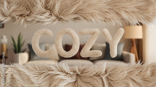 Beige Furry Letters spelling Cozy,  Warm and inviting home decor for winter. 
