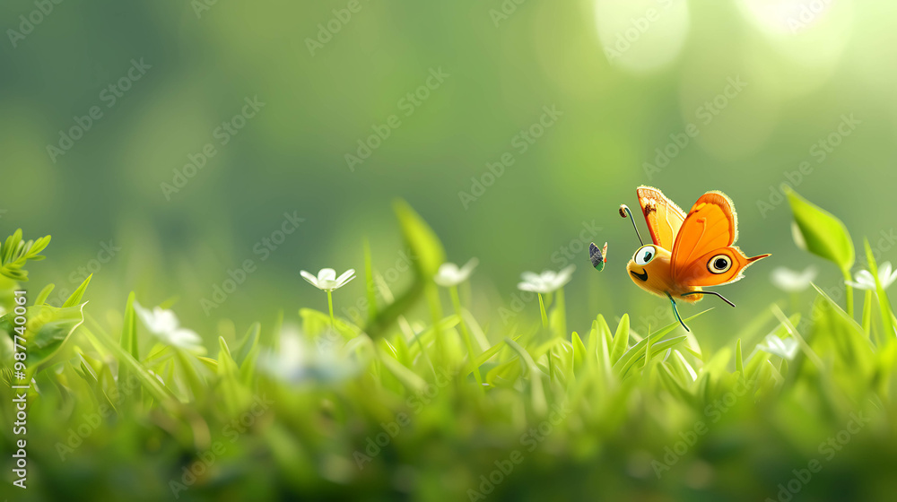 A cartoon butterfly with big eyes stands on a blade of grass in a field of green grass and white flowers. A cartoon butterfly with big eyes stands on a blade of grass in a field of green grass and white flowers.