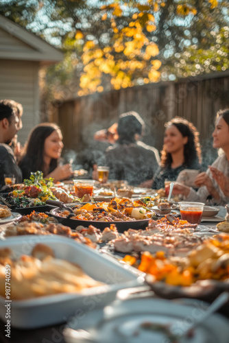 Outdoor gathering with people having a meal in autumn setting