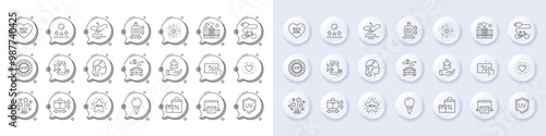 Puzzle, Shopping and Baggage size line icons. White pin 3d buttons, chat bubbles icons. Pack of Hotel, Nice girl, Calendar icon. Handbag size, Heart, Uv protection pictogram. Vector