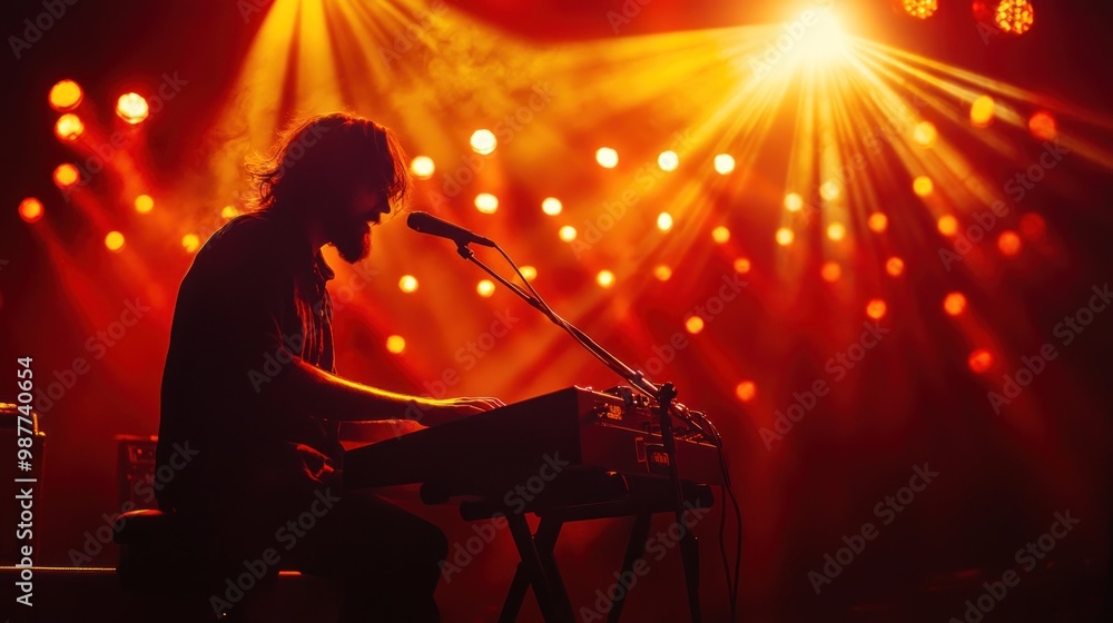 Fototapeta premium Musician passionately plays the keyboard on a stage decorated with spotlights.