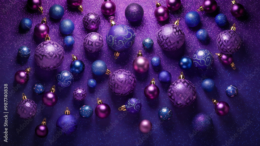 Purple Christmas ornaments on a purple background, festive winter holiday decoration.
Purple Christmas ornaments on a purple background, festive winter holiday decoration.