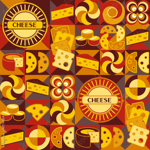Seamless pattern with icons of Cheese, text, abstract shapes in flat simple geometric style. Dark mosaic background. For branding, decoration of food packaging, textile kitchen prints