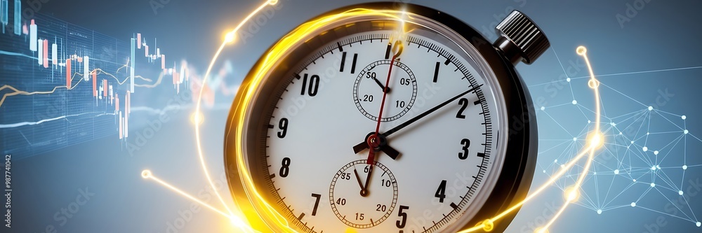 Business digital interface with graphs, charts, icons and timeline on blurred background.