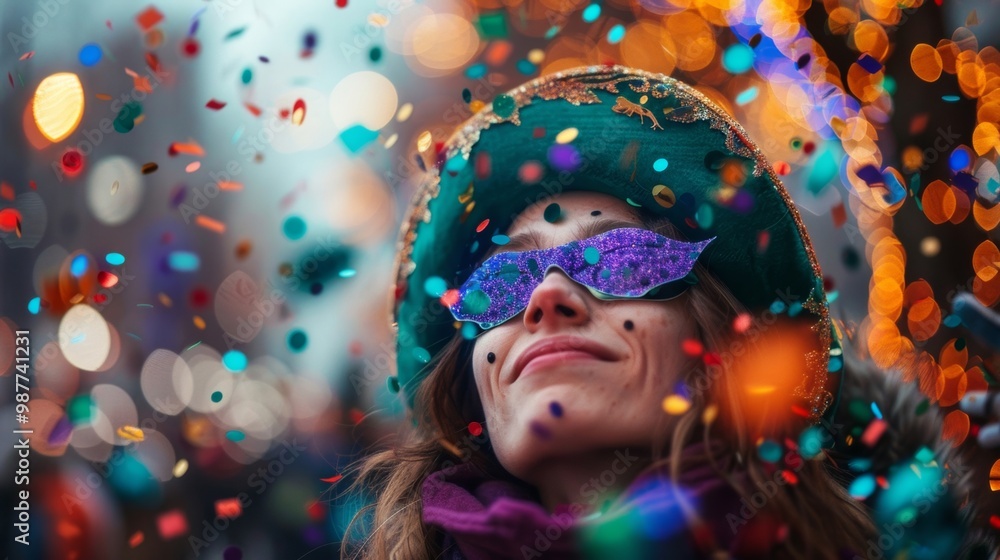 Joyful celebration with confetti and colorful lights, a young woman enjoying the festive atmosphere at an event. Joyful celebration with confetti and colorful lights, a young woman enjoying the festive atmosphere at an event.