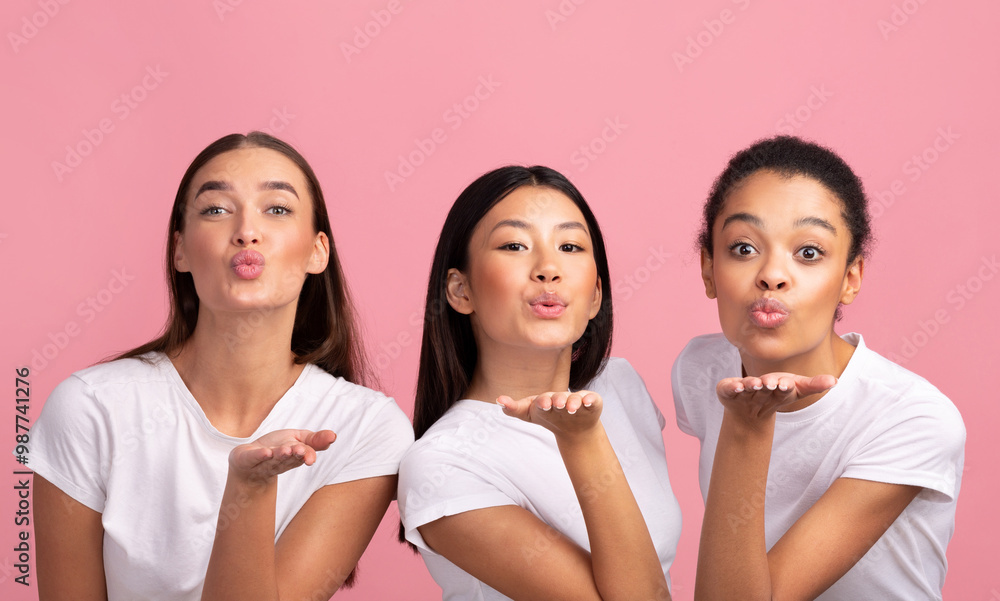 Three Millennial Girls Sending Air Kiss Looking At Camera Posing Over Pink Studio Background. Panorama Three Millennial Girls Sending Air Kiss Looking At Camera Posing Over Pink Studio Background. Panorama