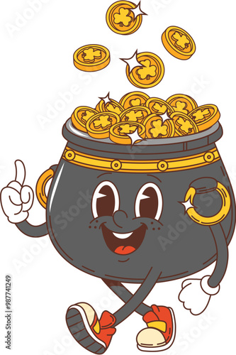 Cartoon retro groovy pot with golden coins, saint patrick day holiday cauldron. Isolated vector funky style personage with gold money. Irish folklore, symbol of fortune and luck. Leprechaun treasury