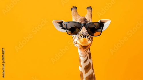 A giraffe wearing sunglasses on a bright yellow background.