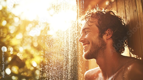 A carefree man enjoying a refreshing shower under warm sunlight, capturing a moment of joy and relaxation in nature.