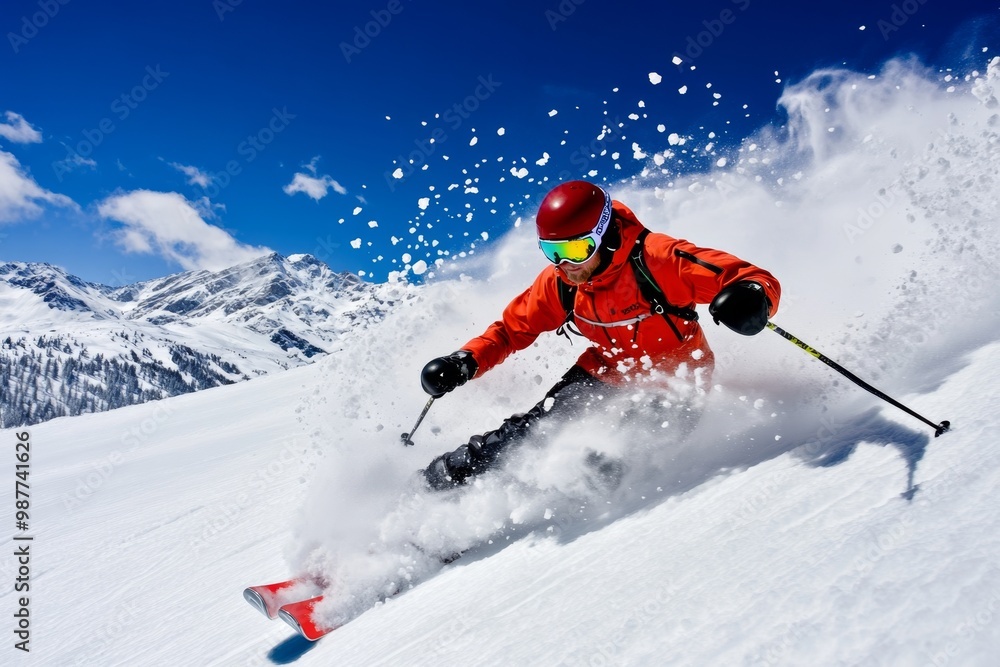 A skier speeding down a slope, with snow flying behind and the mountains in the distance A skier speeding down a slope, with snow flying behind and the mountains in the distance