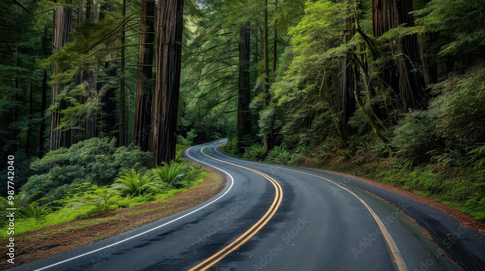Obraz premium Highway winds through ancient redwoods, rich green foliage, ultra-realistic 8K clarity, perfect for cinematic and nature-focused concepts